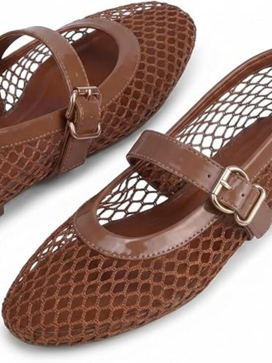 Branded Shoes - Women’s Mesh Ballet Flats | Fishnet Mary Jane Shoes | Adjustable Buckle